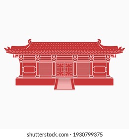 Editable Isolated Wide Traditional Chinese Building Vector Illustration in Flat Monochrome Style for Artwork Element of Oriental History and Culture Related Design