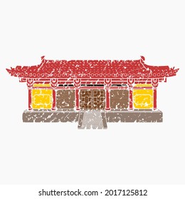 Editable Isolated Wide Traditional Chinese Building Vector Illustration in Brush Strokes Style for Artwork Element of Oriental History and Culture Related Design