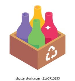 An editable isometric icon of bottles crate

