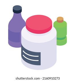 An editable isometric icon of bottles crate

