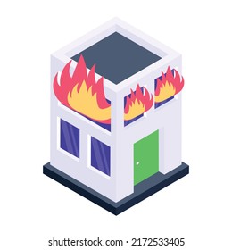 An editable isometric icon of burning home 

