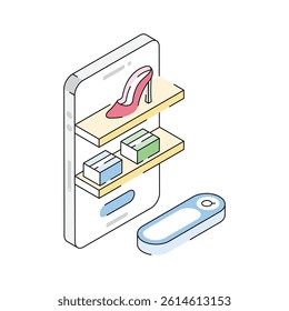 An editable isometric style icon showing phone shopping