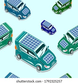 Ilustración de vectores editable Patrón sin problemas de auto eléctrico de tres cuartos de altura de apariencia isométrica con panel solar para campaña de energía ecológica y renovable futurista