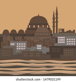 Editable Istanbul City Vector Illustration in Flat Silhouette Style With Marmara Sea for Islamic Religious Moments Design Such as Ramadan and Eid With Ottoman Turkish Panorama