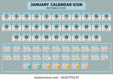 Editable january calendar icon with assorted event reminders and date markers