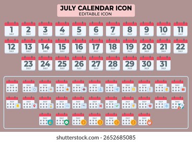 Ícone editável do calendário de julho conjunto mostrando todas as datas e uma variedade de símbolos para necessidades de agendamento