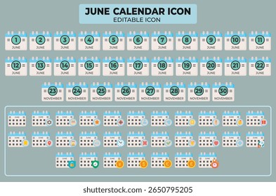 Icon-Set mit verschiedenen Symbolen und Stilen im flachen Design für den Juni-Kalender