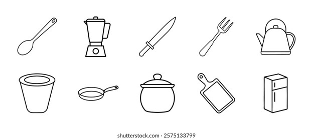 Editable kitchen icons set featuring a clean and minimal line art style. This vector illustration includes essential kitchen tools and appliances, such as a spoon, blender, knife, fork, kettle, trash