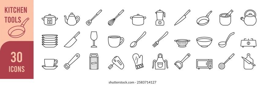 Editable kitchen utensils line icons collection. Vector illustration. Contains kitchen utensils, Pot, Frying pan, Knife, Fork, Spoon, Plate, Bowl, Cup, Glass, Mug, Chopping board, Strainer, Grater