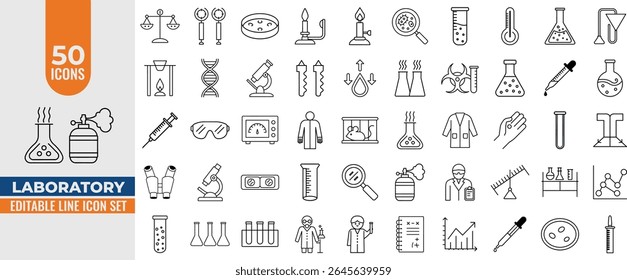 Editable Laboratory Icon Set - Science, Research, Test Tube, Microscope, Flask, Chemistry, Biology, Lab Technician and More - Vector Line Icons for Design. Editable Stroke. Vector illustration