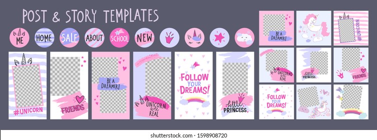 Editable layout templates for social media posts and stories, mobile apps, banner or flyer design. Social media pack for posts and stories with unicorn