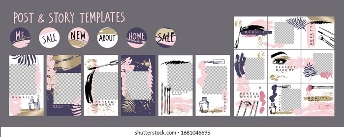 Editable layout templates for social media posts and stories, mobile apps, banner or flyer design. Puzzle textured background with cosmetics and make up brush strokes 