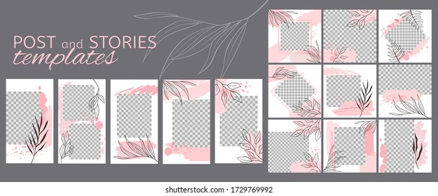 Editable layout templates for social media posts and stories, mobile apps, banner or flyer design. Post frame templates with pastel pink brush strokes and hand drawn leaves