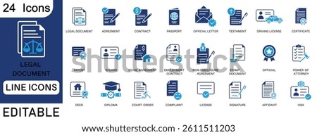 Editable legal document icon set. Includes agreement, contract, passport, ID card, certificate, license, affidavit, visa, court order, power of attorney, and official document symbols.