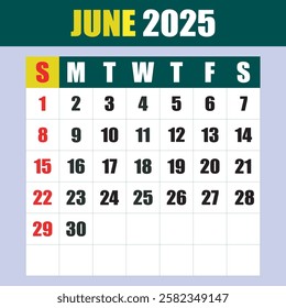 EDITABLE Letter calendar for JUNE 2025. The week begins on Sunday. Time, planning and schedule concept. Flat design. Removable calendar for the month. Vector illustration