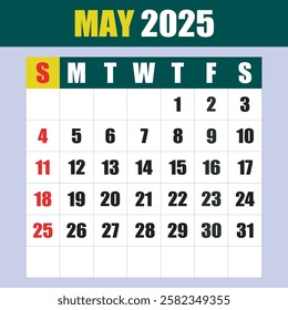 EDITABLE Letter calendar for MAY 2025. The week begins on Sunday. Time, planning and schedule concept. Flat design. Removable calendar for the month. Vector illustration