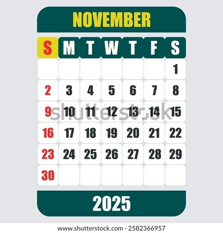 EDITABLE Letter calendar for NOVEMBER 2024. The week begins on Sunday. Time, planning and schedule concept. Flat design. Removable calendar for the month. Vector