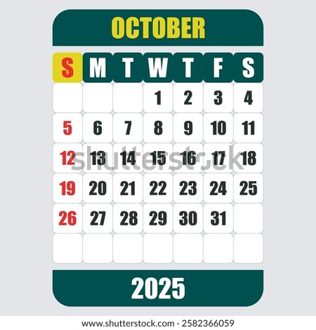 EDITABLE Letter calendar for OCTOBER 2024. The week begins on Sunday. Time, planning and schedule concept. Flat design. Removable calendar for the month. Vector