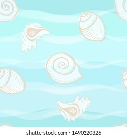 Editable light-blue vector endless texture with sea shells for fabric and decoration. summer romantic seamless pattern. almost plane colours in shades, pastel blue. 