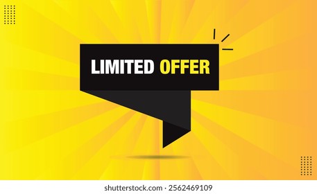 Editable limited offer banner template in EPS format, featuring black shapes with white and yellow bold fonts. The design includes an orange-yellow gradient abstract background for a striking look.