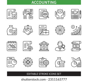 Editable line Accounting outline icon set. Audit, Statistics, Cash flow, Balance, Budget, Revenue, Expenditure, Credit. Editable stroke icons EPS