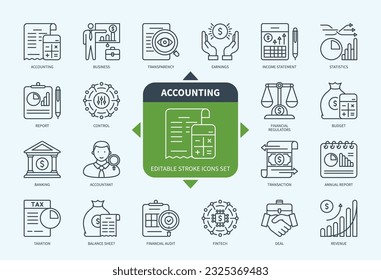 Línea modificable Juego de iconos de esquema contable. Estado de Ingresos, Estadísticas, Transacciones, Balance, Presupuesto, Ingresos, Impuestos, Fintech. EPS de iconos de trazo editable