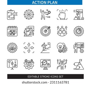 Línea modificable Juego de iconos de esquema del plan de acción. Liderazgo, Objetivo, Determinación, Estrategia, Innovación, Trabajo En Equipo, Calendario, Motivación. EPS de iconos de trazo editable