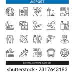 Editable line Airport outline icon set. Plane, Takeoff, Landing, Customs, Check-in, Travel, Luggage, Security. Editable stroke icons EPS