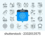Editable line Airport outline icon set. Flight, Takeoff, Landing, Customs, Check-in, Travel, Luggage, Security Camera. Editable stroke icons EPS