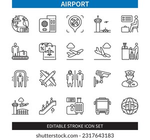 Bearbeitbare Linie Flughafen Umriss Symbol Set. Flugzeug, Start, Landung, Zoll, Check-in, Reisen, Gepäck, Sicherheit. Bearbeitbare Strichsymbole EPS