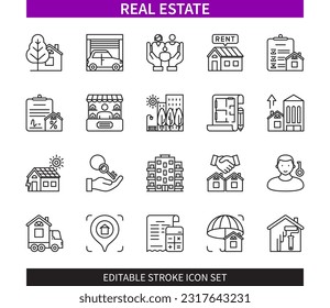 Editable line Airport outline icon set. Buildings, Garage, Rent, Moving Home, Neighbours, Planning, Insurance, Renovation. Editable stroke icons EPS