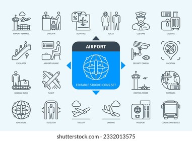 Línea modificable Juego de iconos de contorno del aeropuerto. Vuelo, Despegue, Aterrizaje, Aduanas, Registro de entrada, Viajes, Equipaje, Cámara de seguridad. EPS de iconos de trazo editable