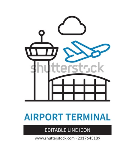 Editable line Airport Terminal outline icon. Airplane taking off on the background of the airport. Editable stroke icon isolated on white background