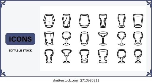 Iconos editables del arte de la línea de diversos vinos y vasos