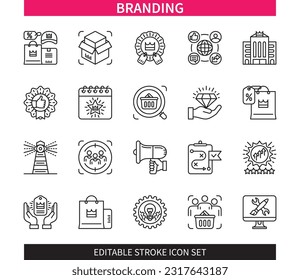 Editable line Branding outline icon set. Product, Discount, Company, Innovation, Design, Consumers, Merchandising, Reputation. Editable stroke icons EPS