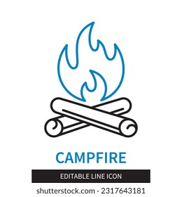 Editable line Campfire outline icon. Two logs and fire above them. Editable stroke icon isolated on white background