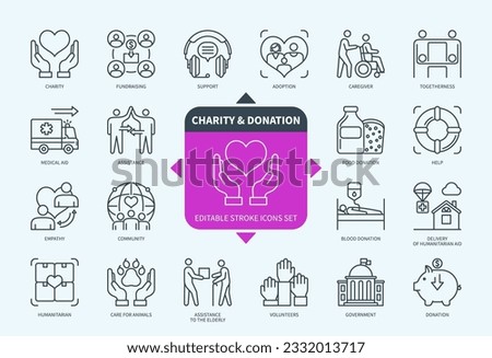 Editable line Charity and Donation outline icon set. Community, Medical Aid, Society, Adoption, Help, Support, Togetherness, Volunteer. Editable stroke icons EPS