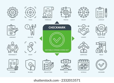 Editable line Checkmark outline icon set. Goal Settings, Process, Agreement, Accept, Approved, Result, Responsibility, Solution. Editable stroke icons EPS