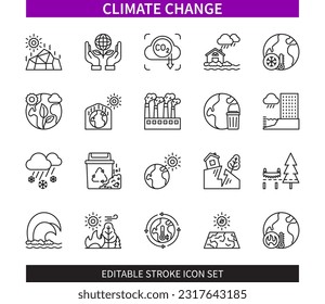 Línea modificable Juego de iconos del contorno del cambio climático. Contaminación del aire, deforestación, inundaciones, terremotos, incendios forestales, sequías, irradiación solar, salven el planeta. EPS de iconos de trazo editable