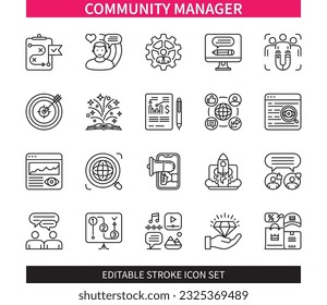 Editable line Community Manager outline icon set. Social Media, Influencer, Storytelling, SEM, Monitoring, Branding, Strategy, Blogging. Editable stroke icons EPS