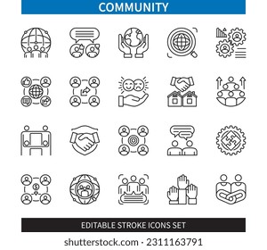 Línea modificable Conjunto de iconos de esquema comunitario. Apoyo, sociedad, medios sociales, trabajo en equipo, comunicación, cooperación, confianza, vecinos. EPS de iconos de trazo editable