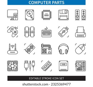 Umriss-Symbol für die bearbeitbare Linie Computerteile. Hauptplatine, Grafikkarte, Kabel, Kopfhörer, USB-Flash, Drucker, Netzteil, CPU. Bearbeitbare Strichsymbole EPS