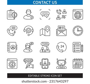 Editable line Contact Us outline icon set. Schedule, Assistance, Chatbot, Call, Communication, Information, Email, Address book. Editable stroke icons EPS