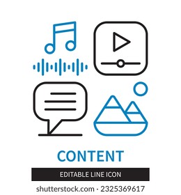 Editable line Content outline icon. Music, Video, Comment, Image symbols. Editable stroke icon isolated on white background
