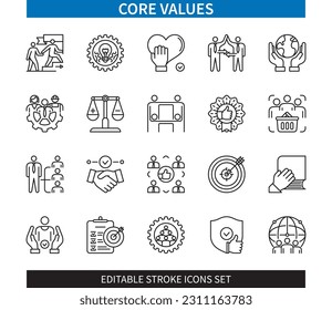 Editable line Core values outline icon set. Society, teamwork, ethic, innovations, leadership, responsibility, commitment, support. Editable stroke icons EPS