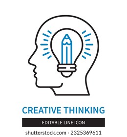 Editable line Creative Thinking outline icon. Glowing light bulb and pencil inside the head. Editable stroke icon isolated on white background