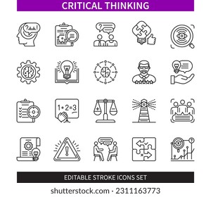 Editable line Critical thinking outline icon set. Advice, Problem, Criteria, Knowledge, Explanation, Vision, Solution, Forecasting. Editable stroke icons EPS