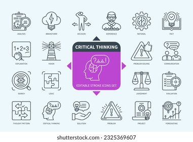 Bearbeitbare Zeile Kritisches Denken Umriss Symbol gesetzt. Lösung, Problem, Logik, Wissen, Erklärung, Vision, Lösung, Vorhersage. Bearbeitbare Strichsymbole EPS