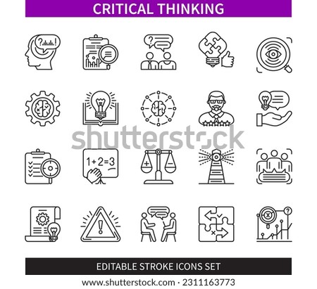 Editable line Critical thinking outline icon set. Advice, Problem, Criteria, Knowledge, Explanation, Vision, Solution, Forecasting. Editable stroke icons EPS