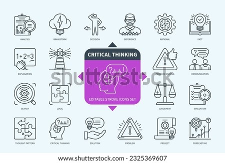 Editable line Critical thinking outline icon set. Solution, Problem, Logic, Knowledge, Explanation, Vision, Solution, Forecasting. Editable stroke icons EPS